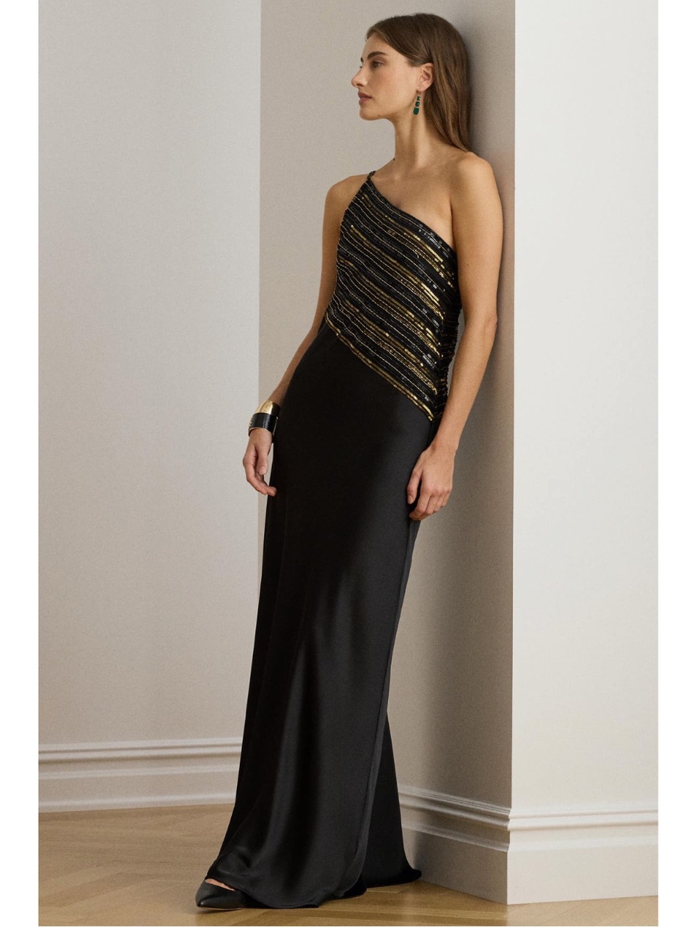 Lauren Ralph Lauren Beaded Mesh & Satin One-Shoulder Gown New!